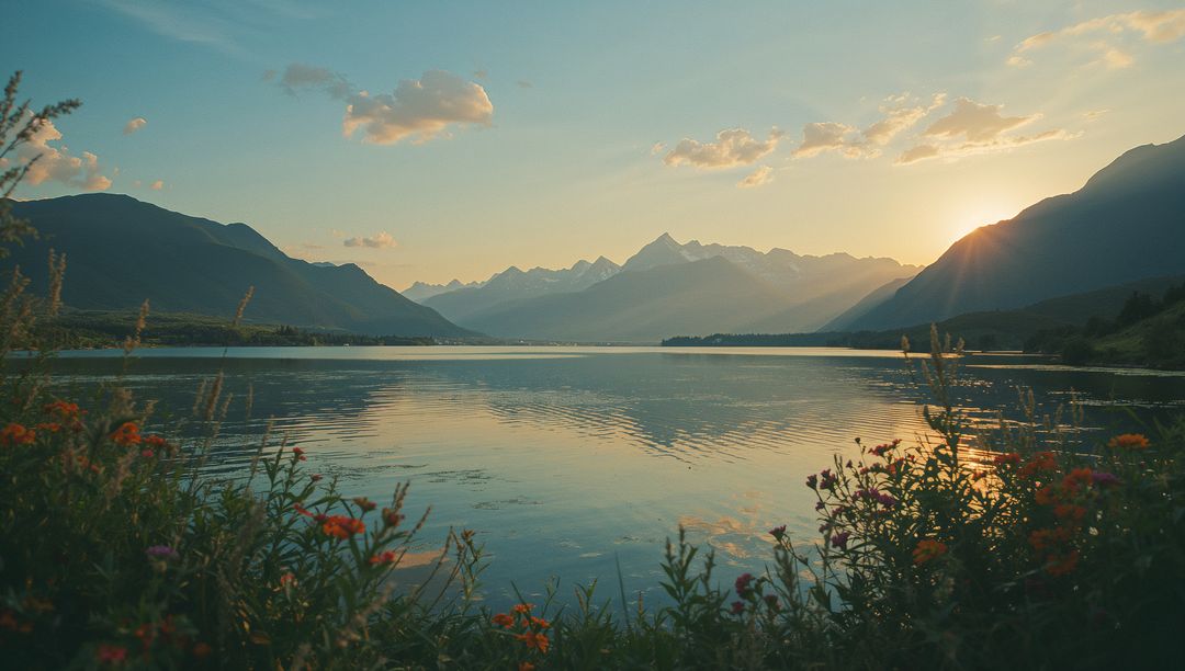 Serene Mountain Lake at Sunset with Wildflowers in Foreground