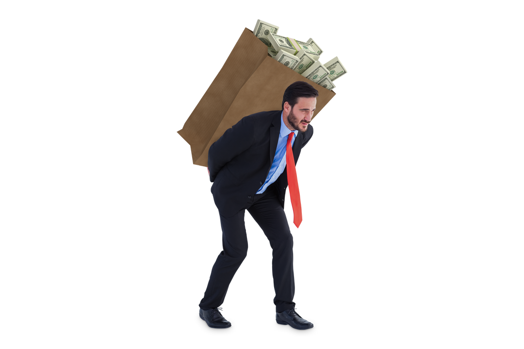 Overloaded Businessman with Transparent Bag of Dollars Struggling Symbolizing Financial Burden - Download Free Stock Images Pikwizard.com