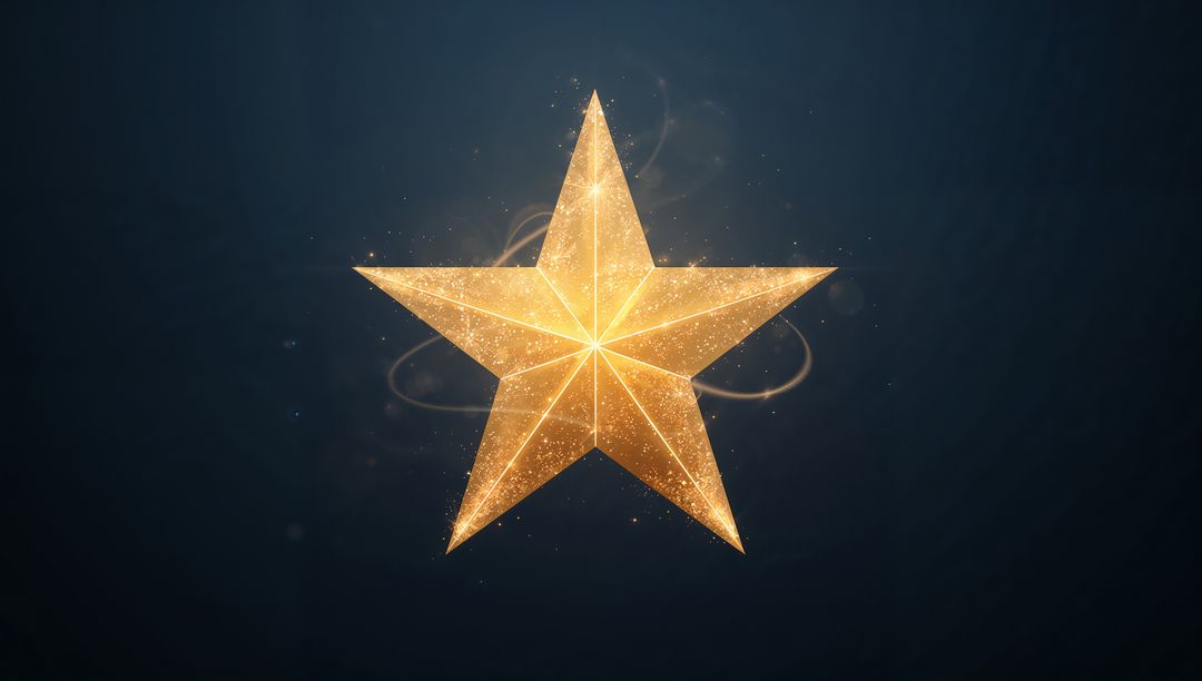 Golden Faceted 3D Star Glowing with Sparkle, Halo and Particles on Dark Navy Background
