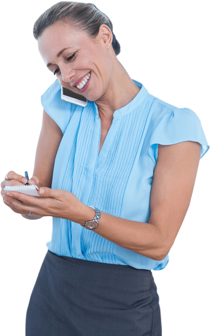 Transparent Smiling Businesswoman Taking Notes During Call