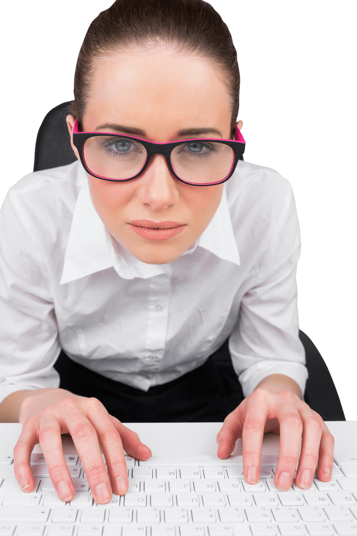 Transparent View Businesswoman in Pink Glasses Typing on Keyboard
