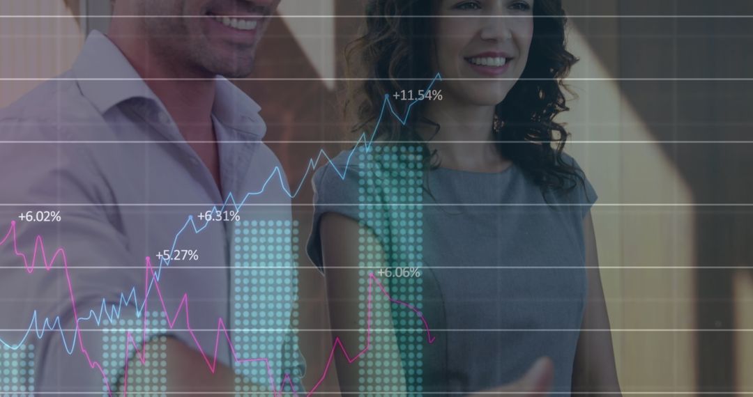 Caucasian Couple Receives Keys Overlayed with Financial Charts
