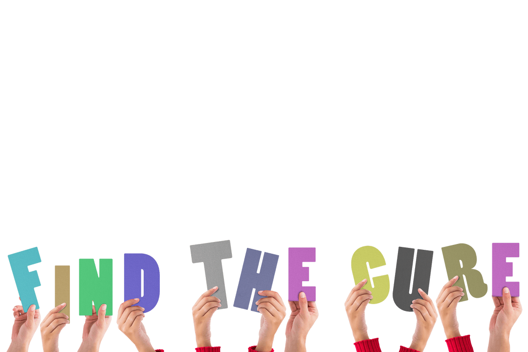 Hands Holding Find the Cure Text on Transparent Background