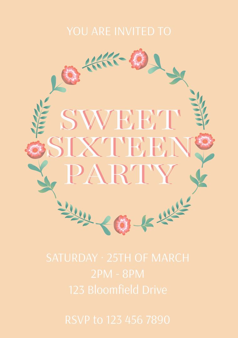 Floral Wreath Sweet Sixteen Party Invitation with Pastel Colors - Download Free Stock Templates Pikwizard.com