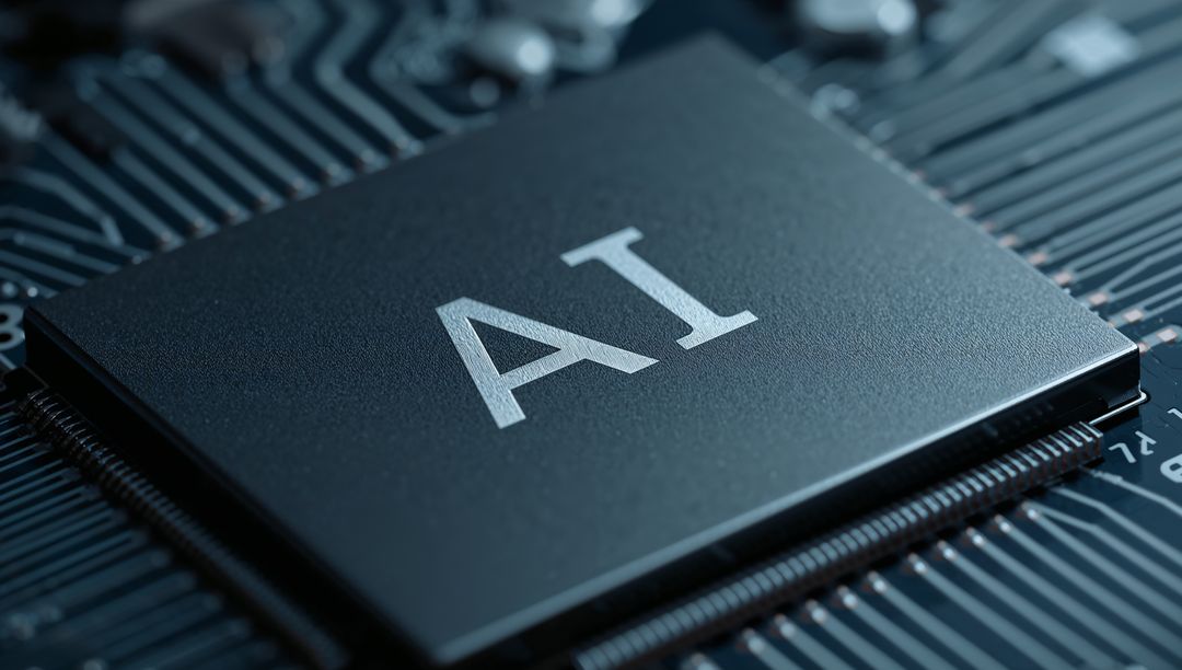 Macro AI Processor on PCB Showcasing Semiconductor Design, Copper Traces, Close-up Tech
