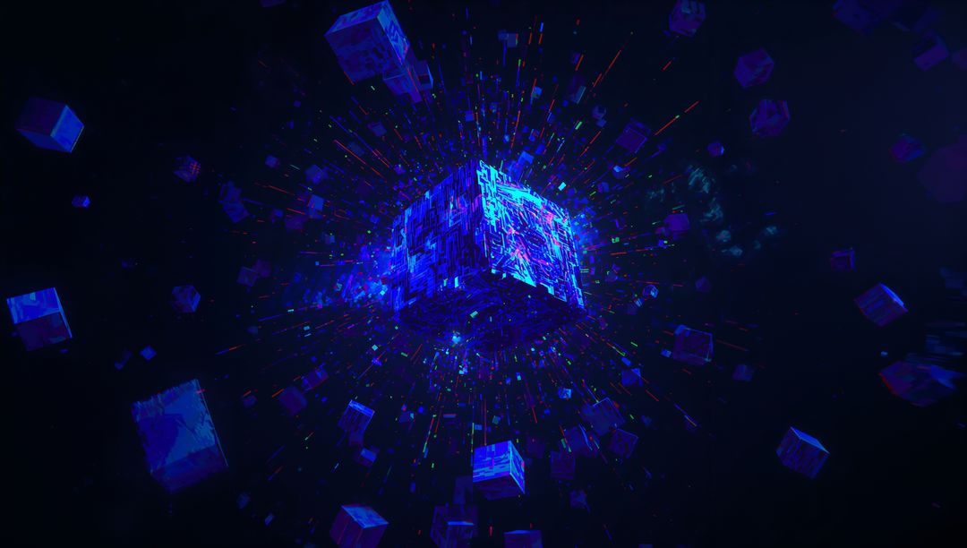 Neon Datacore Cube Radiating Circuitry and Particles for Futuristic Cyber Network