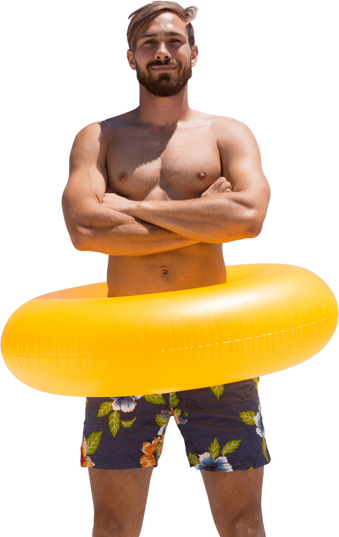Young Man with Inflatable Ring Transmitting Summer Vibes