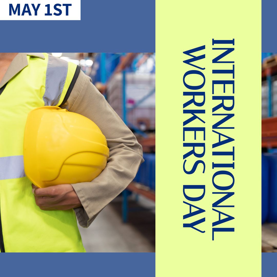International Workers Day with Laborer Holding Yellow Hardhat in Warehouse