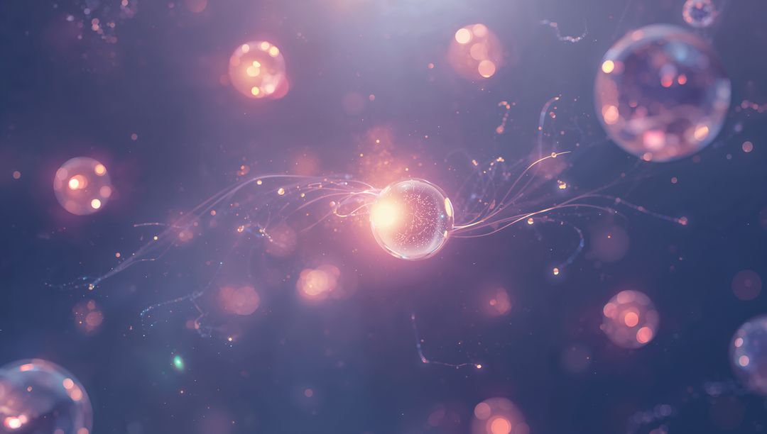 Glassy Orb Emitting Warm Peach Light with Filament Sparks in Ethereal Cosmic Field