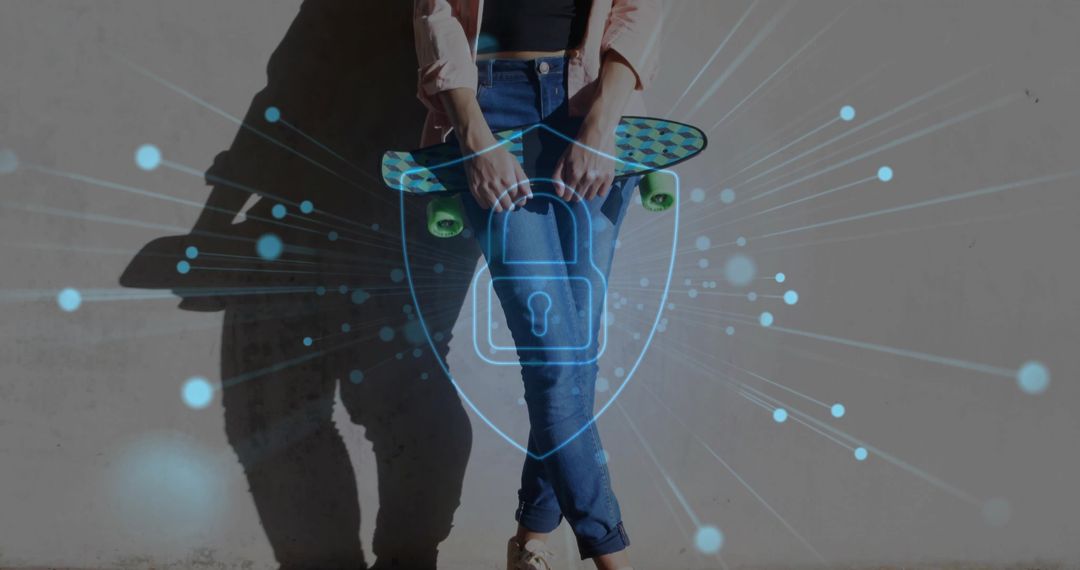 Woman Skateboarder with Digital Shield Displaying Cybersecurity Concept