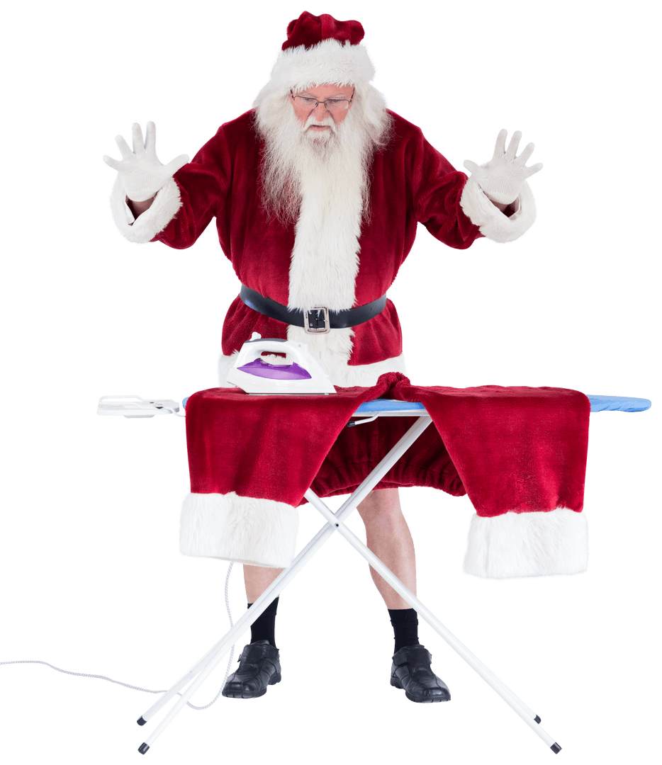 Santa Claus Ironing Red Suit Pants on Transparent Background