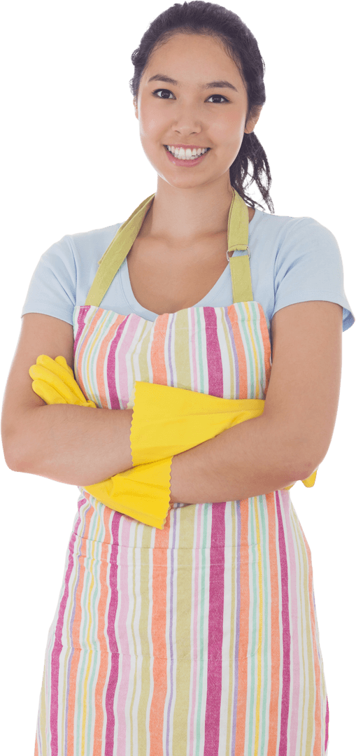 Smiling Woman Wearing Colorful Apron and Rubber Gloves Transparent