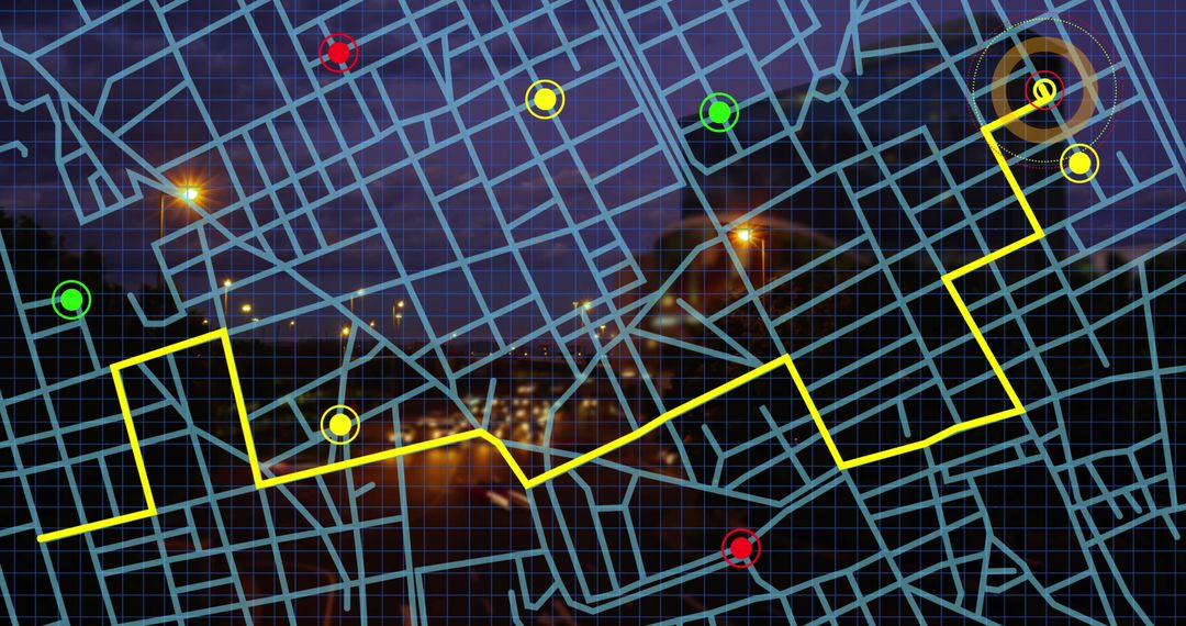 Digital Navigation Route on City Street Grid Overlay at Night