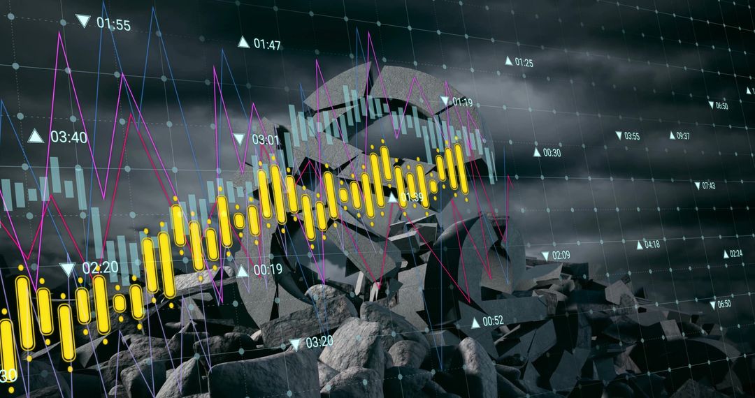 Financial Data Visualization Overlapping Cloudy Sky and Currency