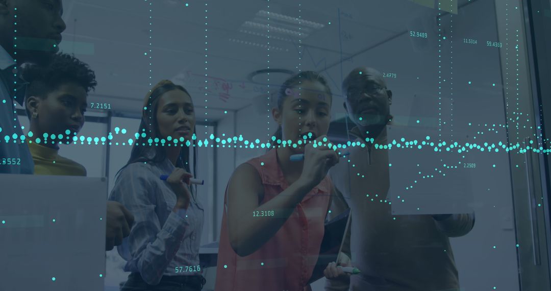 Diverse Team Analyzing Data on Transparent Board in Office