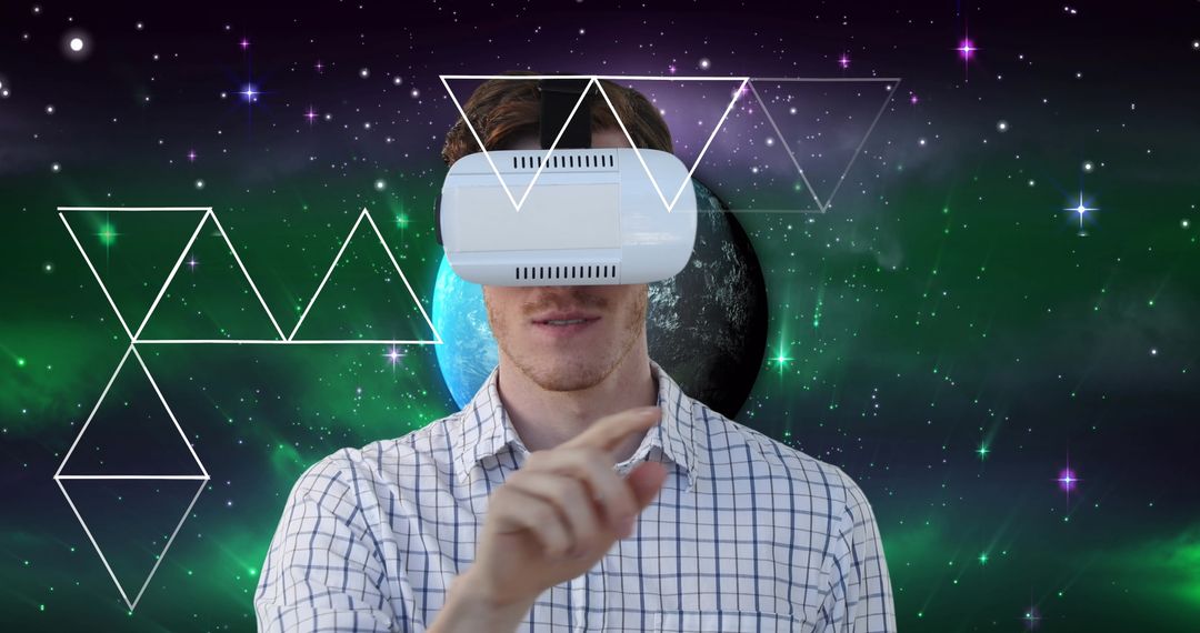 Man Experiencing Virtual Reality Among Space and Geometric Patterns