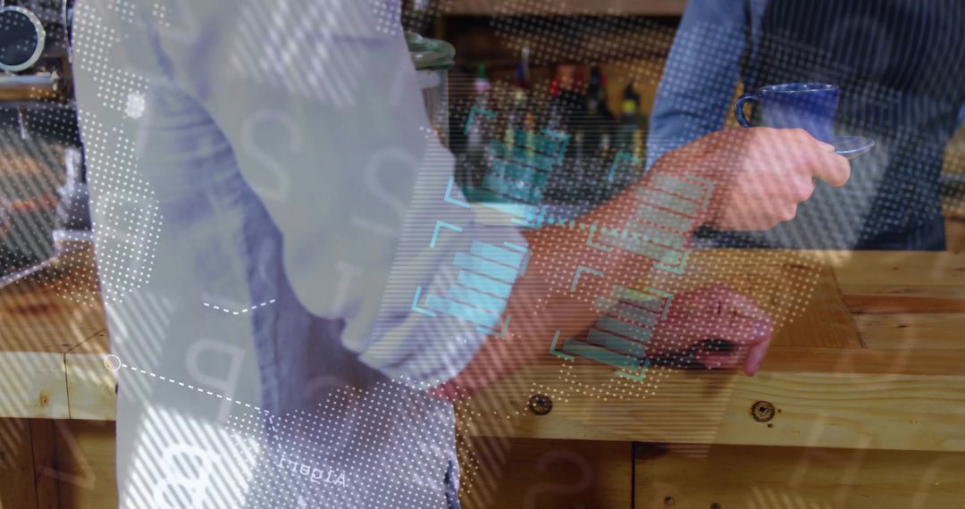 Barista Serving Coffee in Café with Digital Interface Overlay