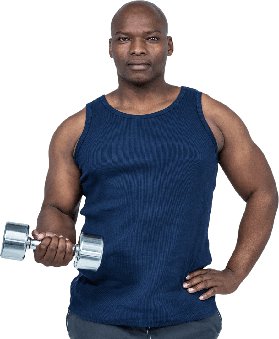 Transparent View of Muscle Builder Holding Dumbbell with Confidence