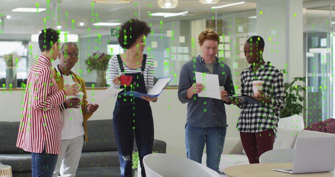 Diverse Team Collaborating in Office Lounge with Coffee