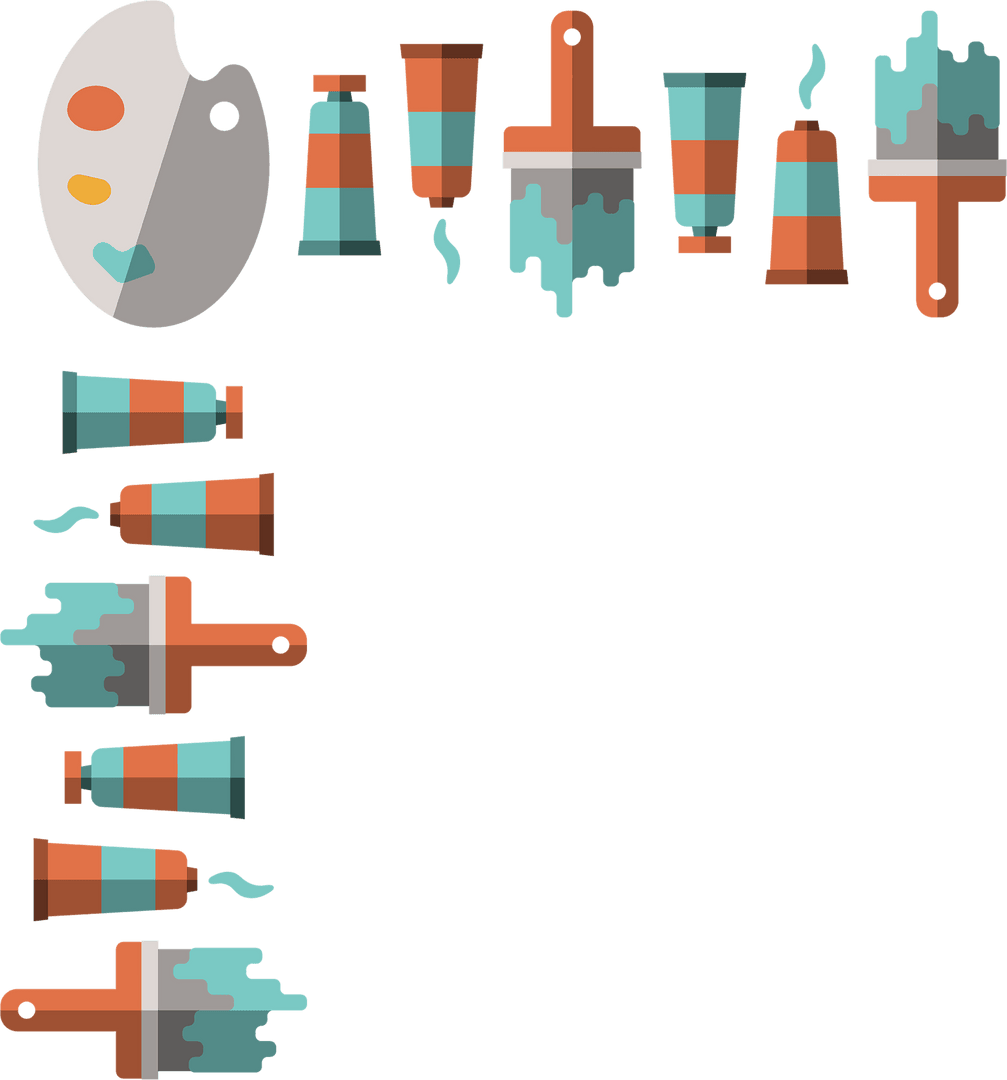 Colorful Paint Palette and Brushes on Transparent Background for Creative Design