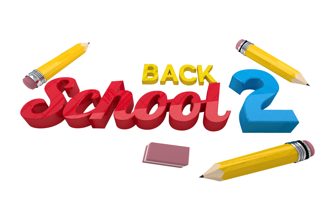 3D Back to School Text with Pencils and Eraser on Transparent Background