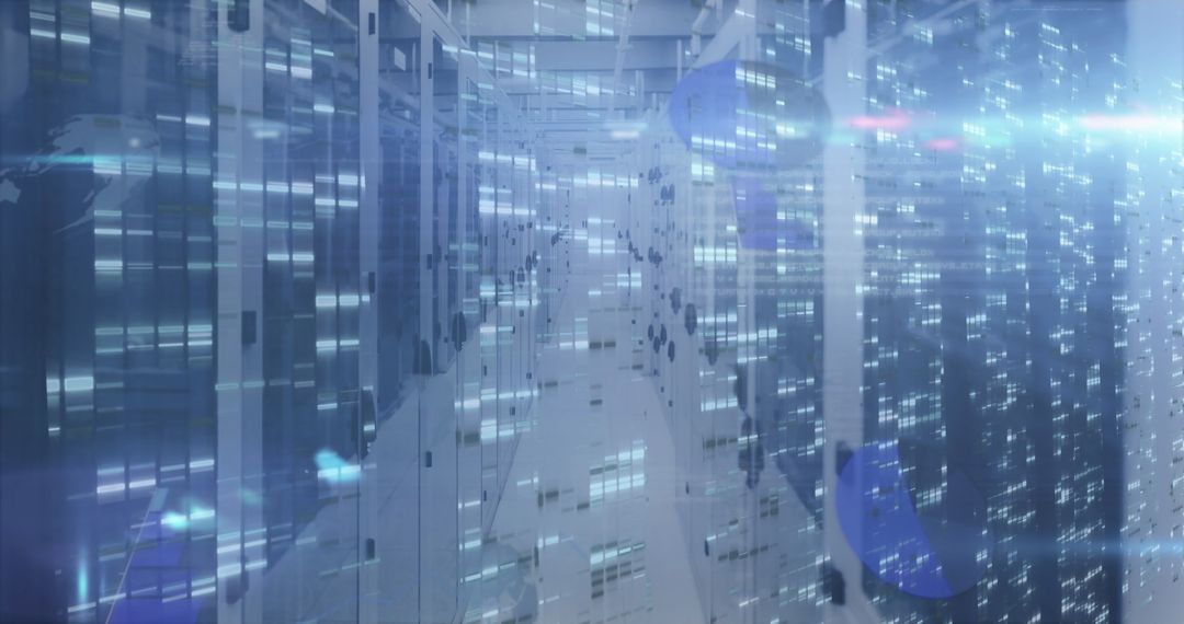 Futuristic Server Room with Digital Interfaces and Lights