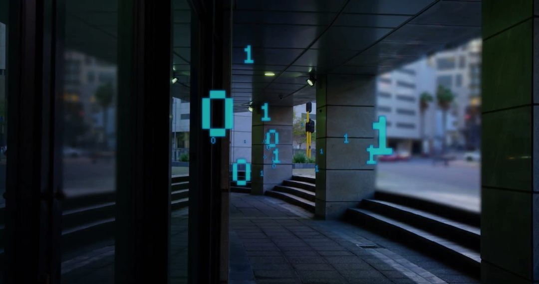 Binary Code Hologram Overlay on Urban Cityscape