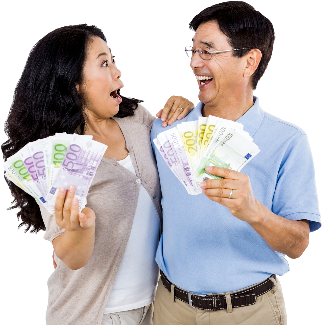 Joyful Couple Holding Large Amount of Euro Bills Transparent Background - Download Free Stock Images Pikwizard.com