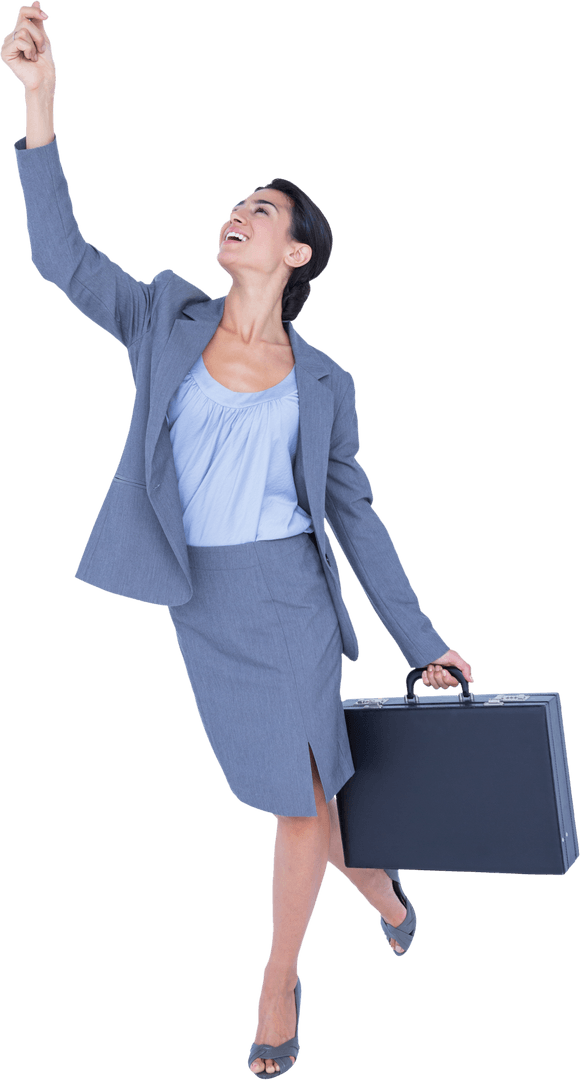 Businesswoman Enthusiastically Raising Hand with Briefcase Transparent Background