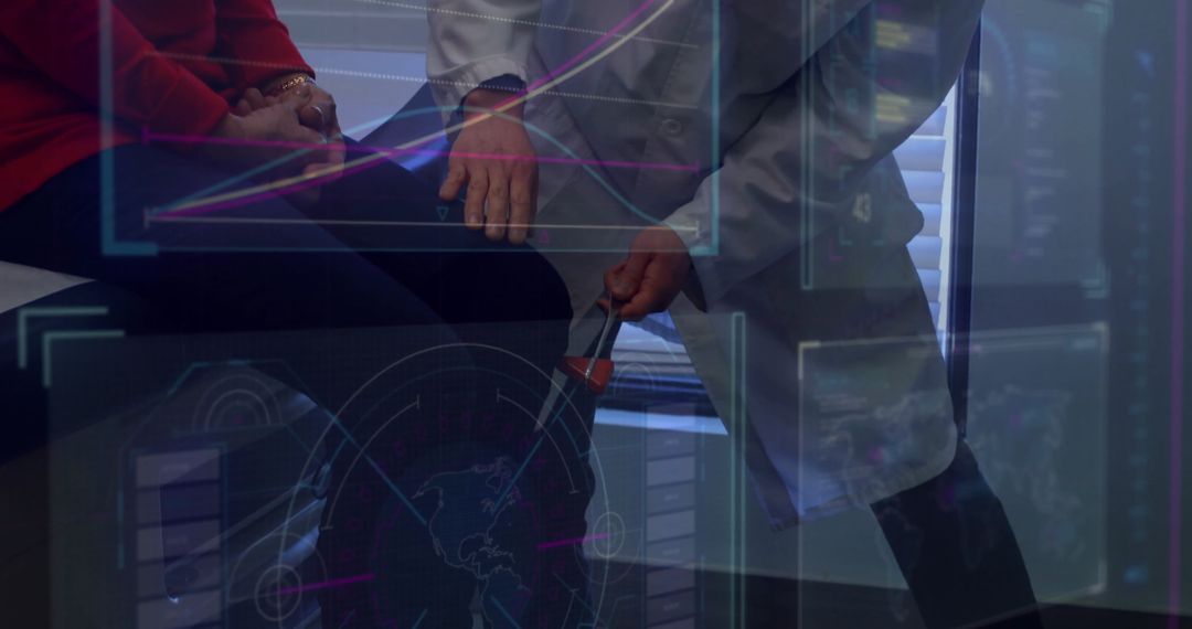 Doctor Conducting Knee Reflex Test with Digital Data Overlays