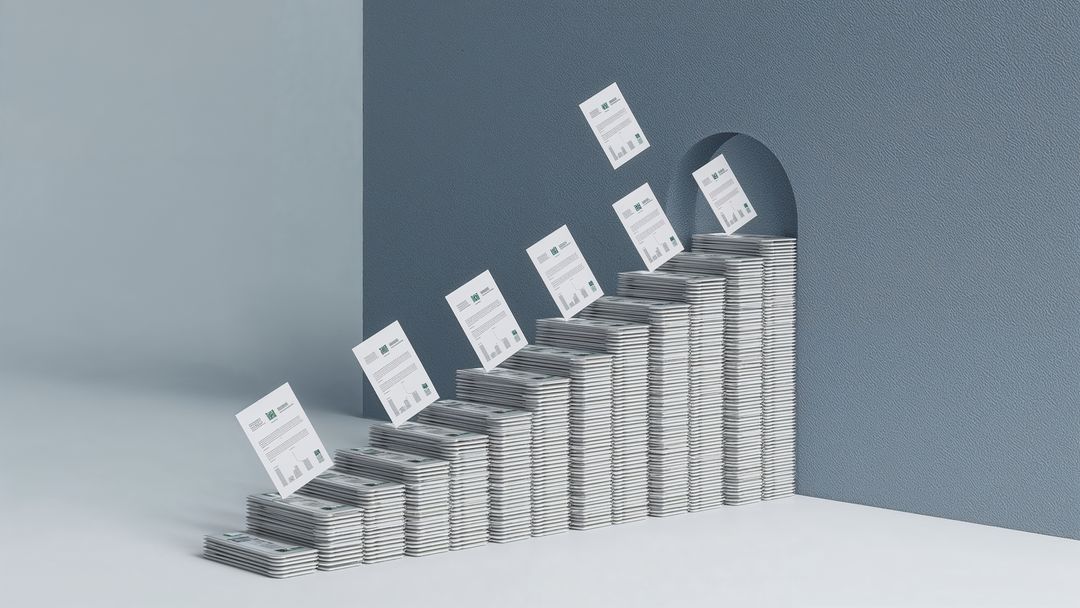 Stacks of Documents with Charts Leading to Archway in Modern Room