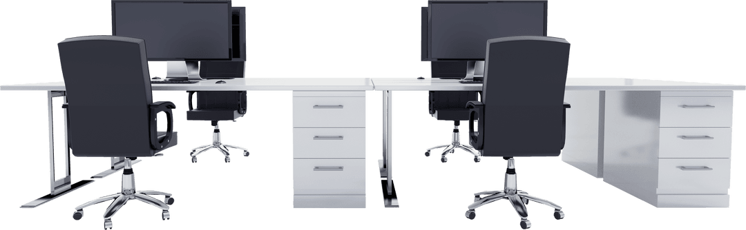 Transparent Modern Office Workspace Setup with Desks and Chairs