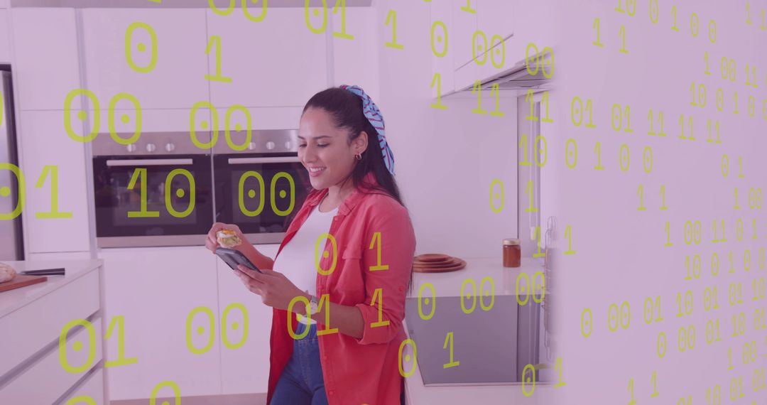 Technology and Lifestyle: Woman in Kitchen with Binary Data Overlay