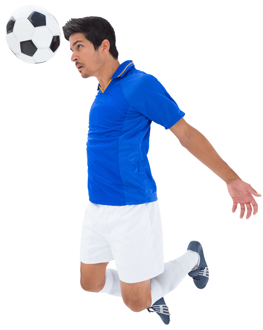 Caucasian Man Heading Soccer Ball in Dynamic Transparent Pose