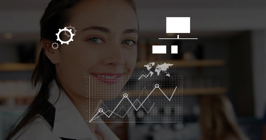 Smiling businesswoman presenting analytics dashboard with growth chart and world map overlay