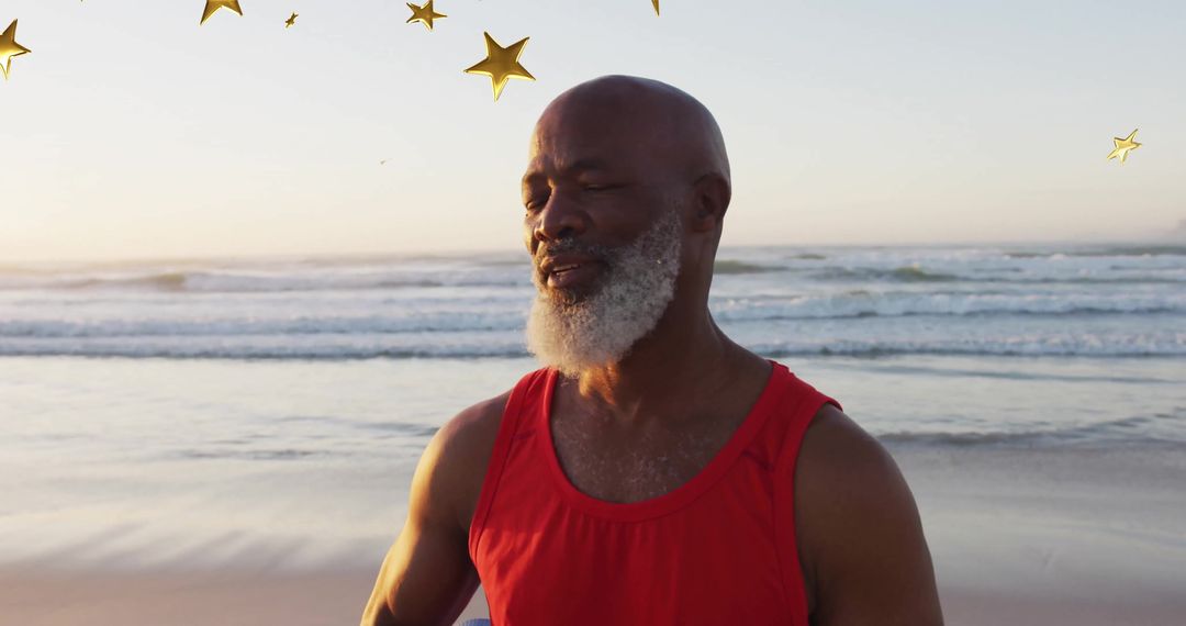 Serene Meditation by the Ocean with Floating Stars