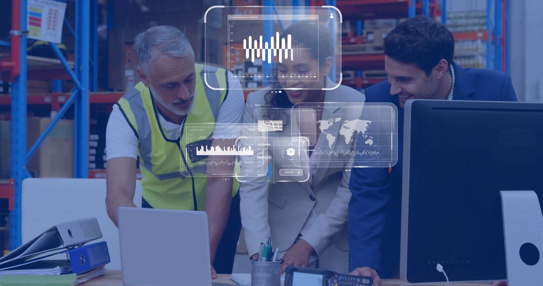 Team Collaborating with Digital Interface in Warehouse Environment