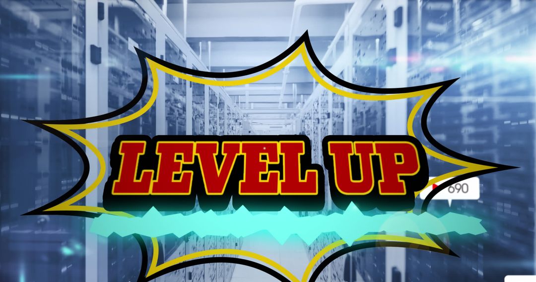 Level Up Text in Server Room with Digital Interface Concepts