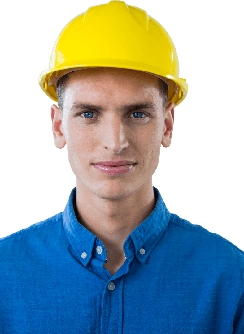 Transparent Background Portrait of Confident Young Engineer with Yellow Hard Hat