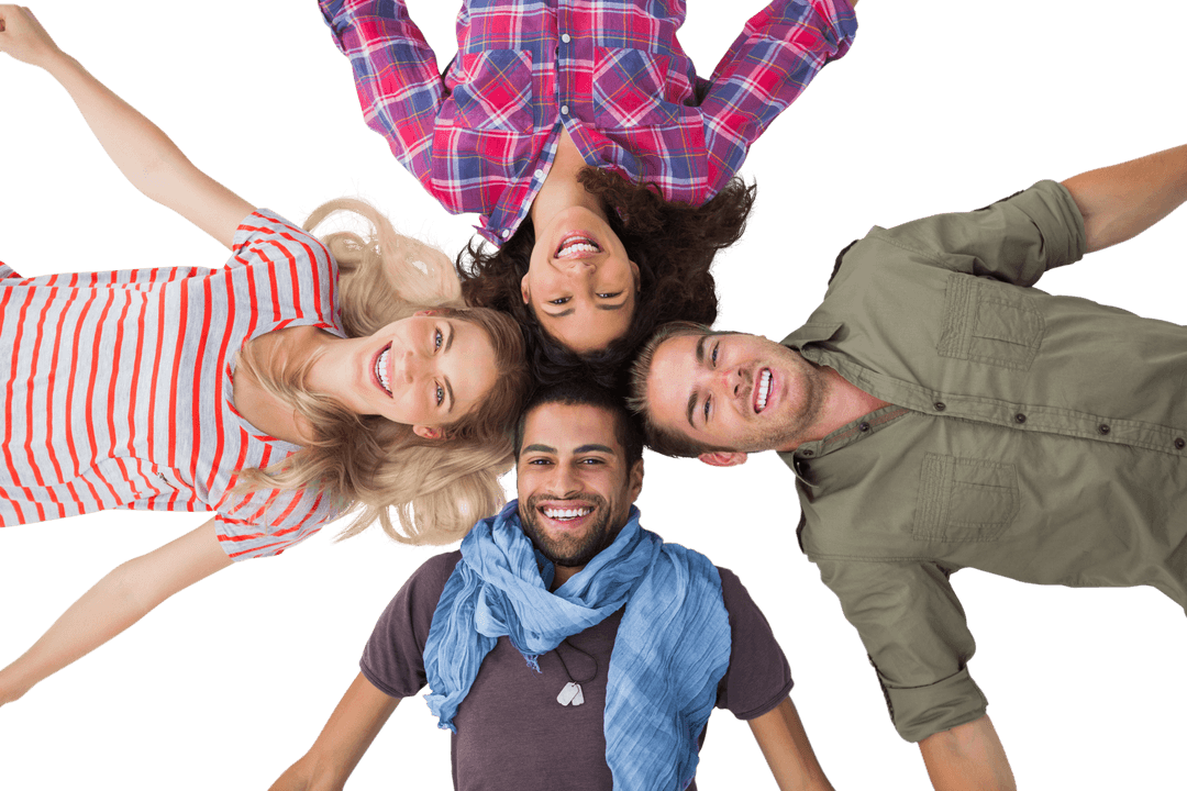 Diversely Dressed Friends Smiling in Transparent Circular Group