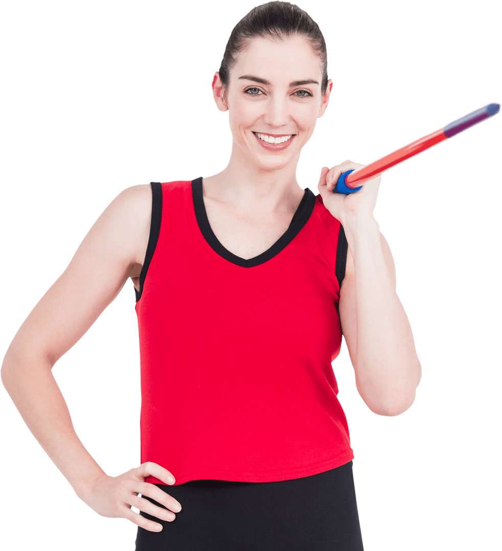 Athletic Woman Smiling with Javelin on White Background