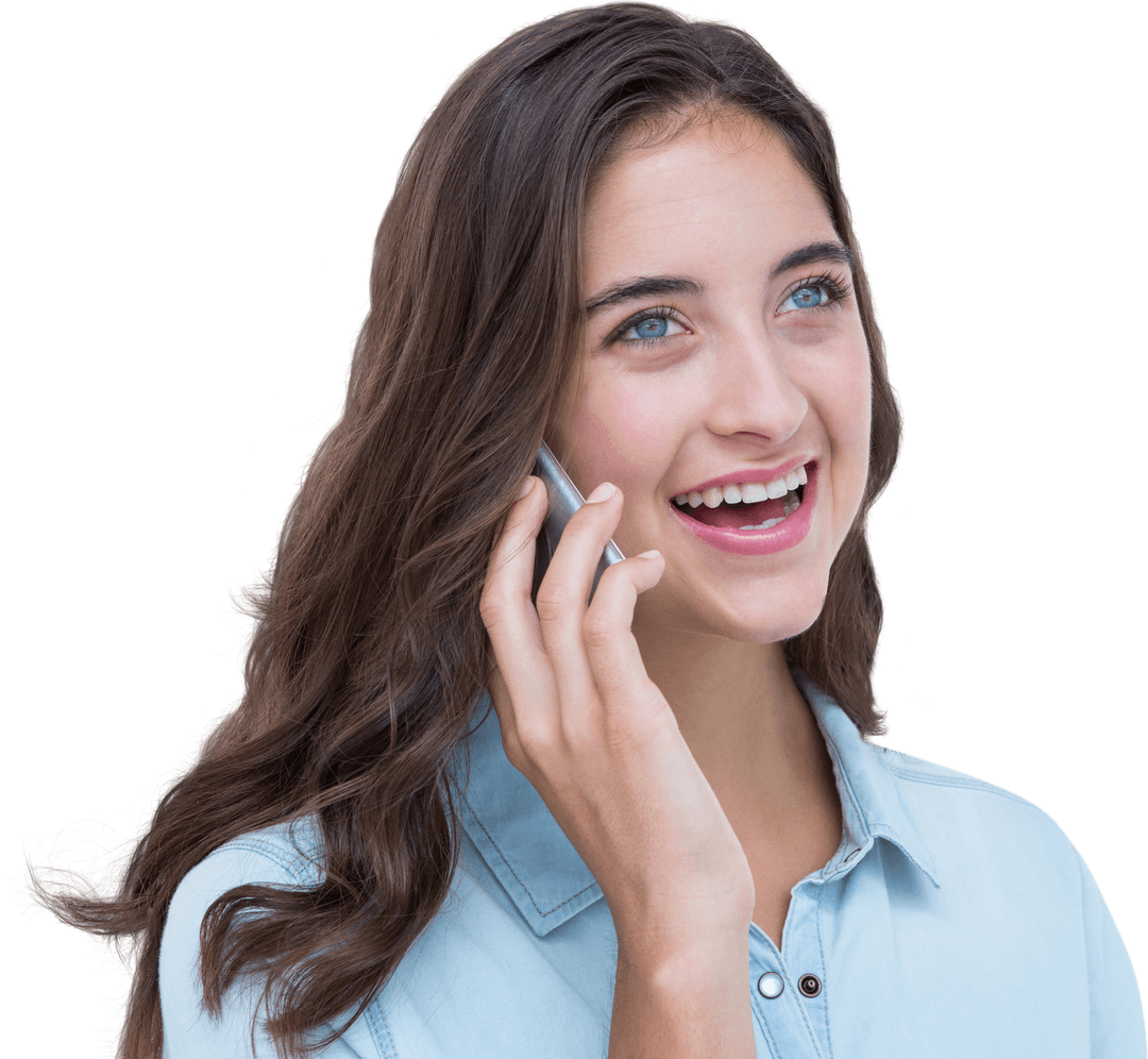 Smiling Woman Talking on Phone on Transparent Background