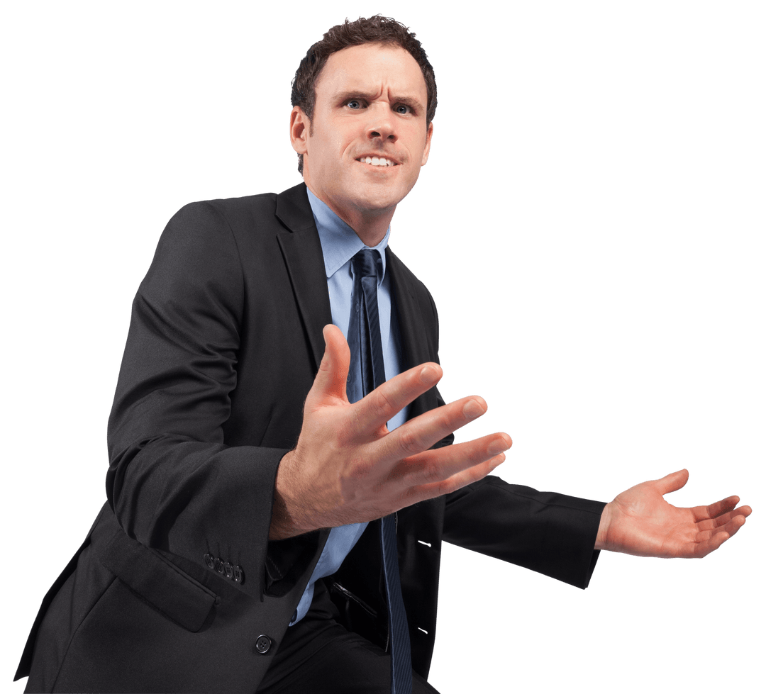 Frustrated Businessman with Open Arms on Transparent Background