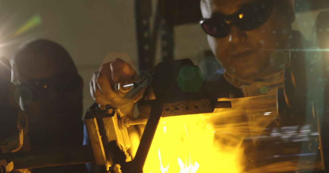 Close-Up of Skilled Worker Welding in Dimly Lit Workshop
