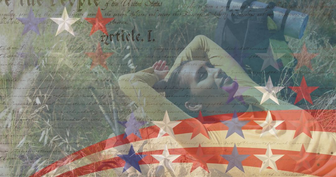 Abstract patriotic theme with relaxed woman in nature