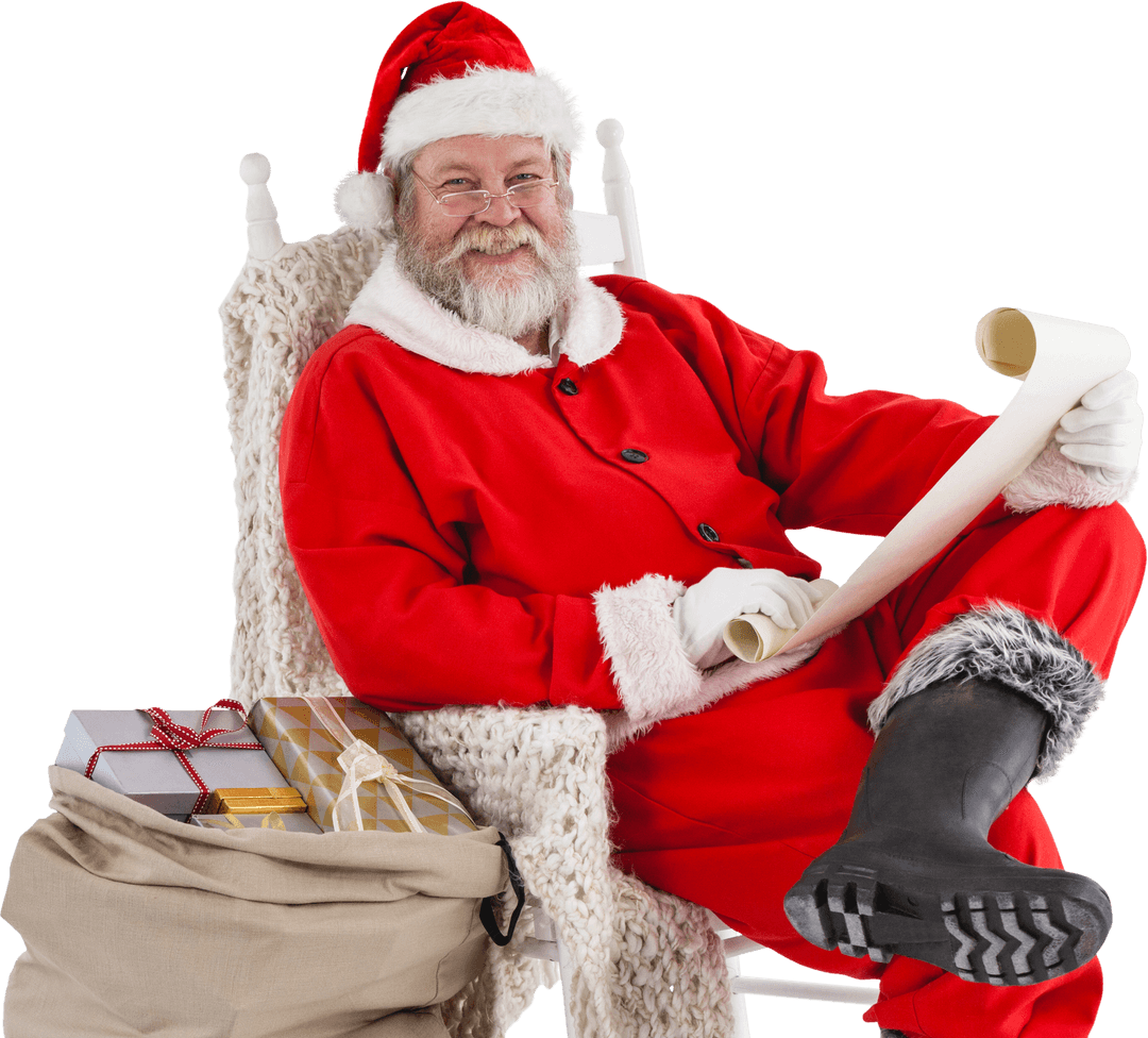 Santa Claus Holding Scroll List Gifts with Cheer in Transparent Holiday Scene