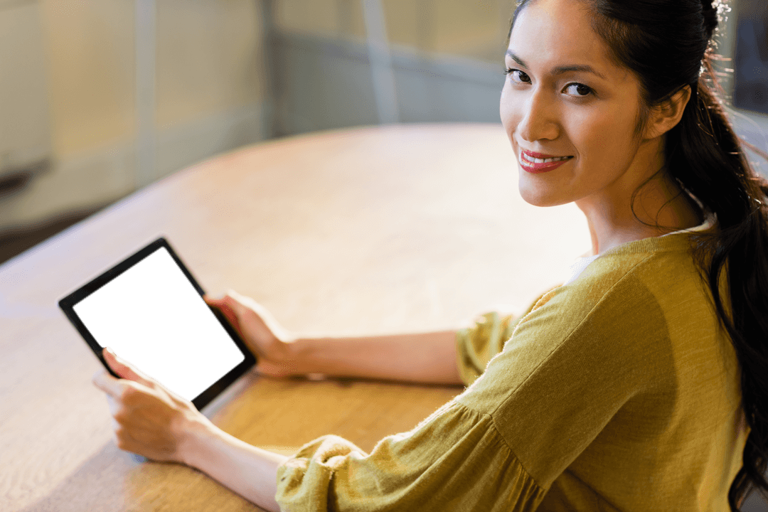 Transparent Screen Mockup with Smiling Businesswoman in Office