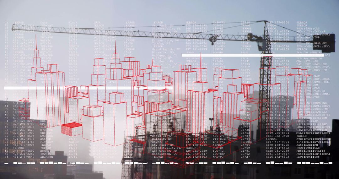 Digital Reconstruction Concept in Urban Construction with Crane and Code Overlay