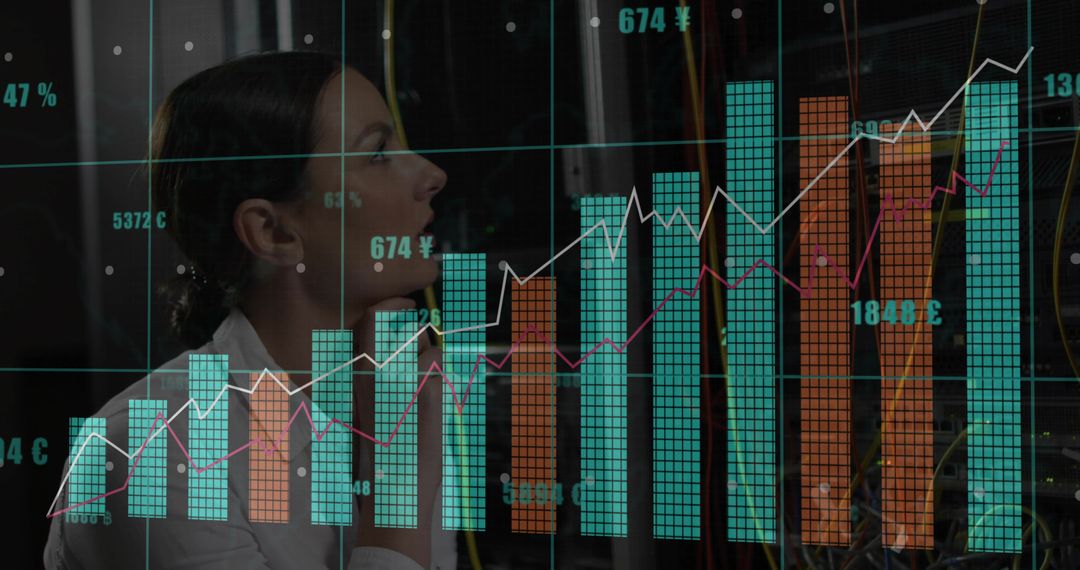 IT engineer analyzing server performance with overlaid financial charts in data center