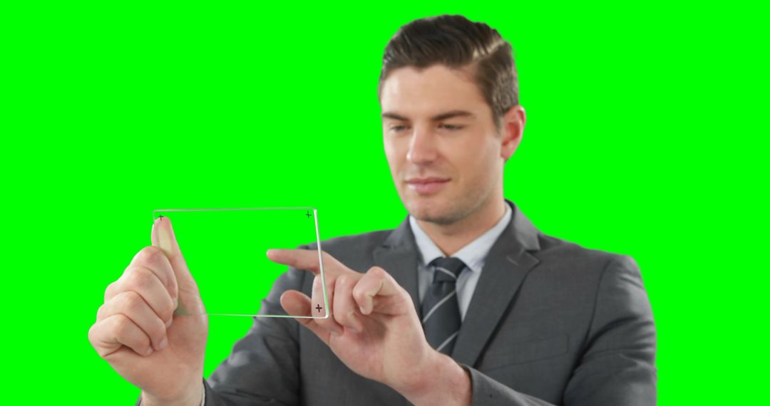 Businessman Interacting with Transparent Digital Interface on Green Screen, Futuristic Technology - Free Images, Stock Photos and Pictures on Pikwizard.com